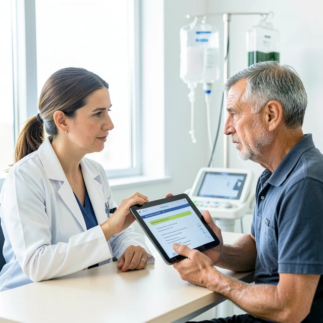 Oncologist explaining chemotherapy treatment to a patient in clinic