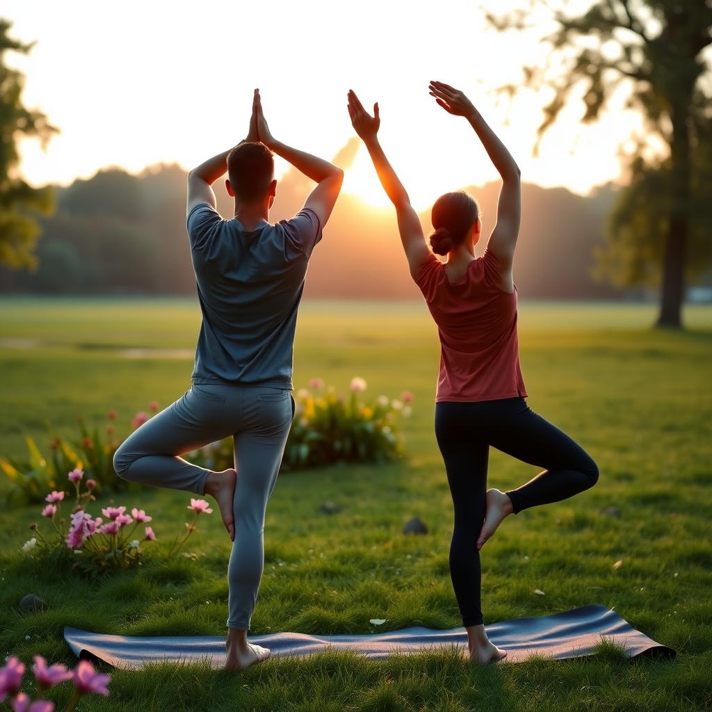 A couple doing a gentle yoga pose in a park at sunrise.