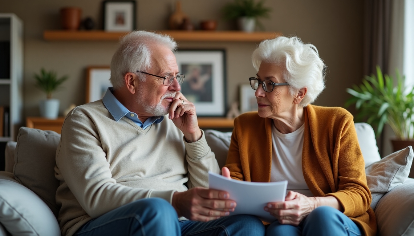 A mature couple discussing family planning while sitting comfortably at home.