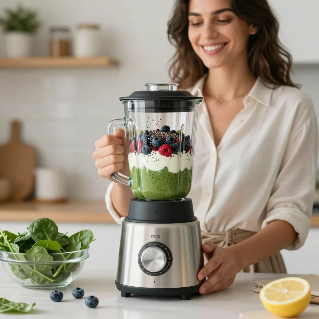Woman preparing a nutritious green smoothie with berries and greens