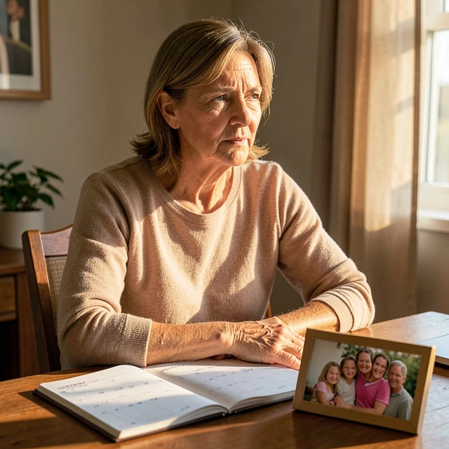 Woman reflecting on fertility and age with a calendar