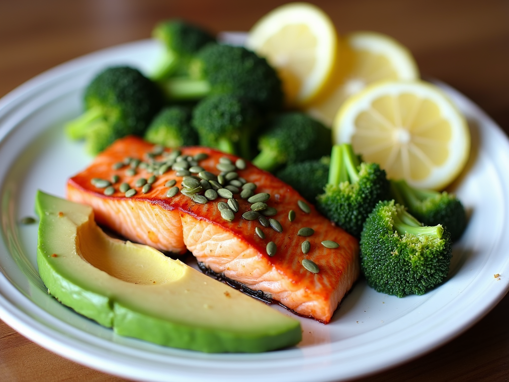 A nutritious meal rich in zinc, selenium, vitamin C, and omega-3 fatty acids, essential for male fertility.