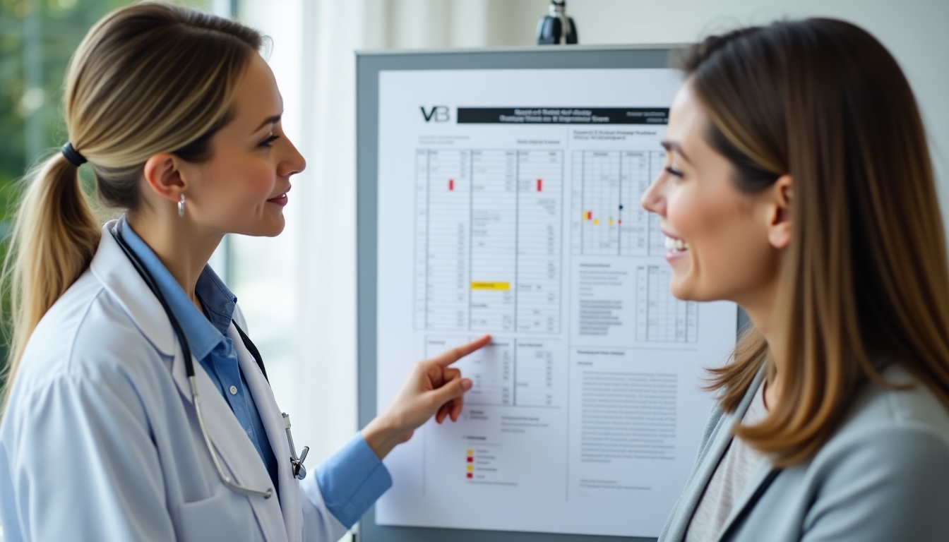 A female doctor explaining test results to her patient, while pointing at a chart.