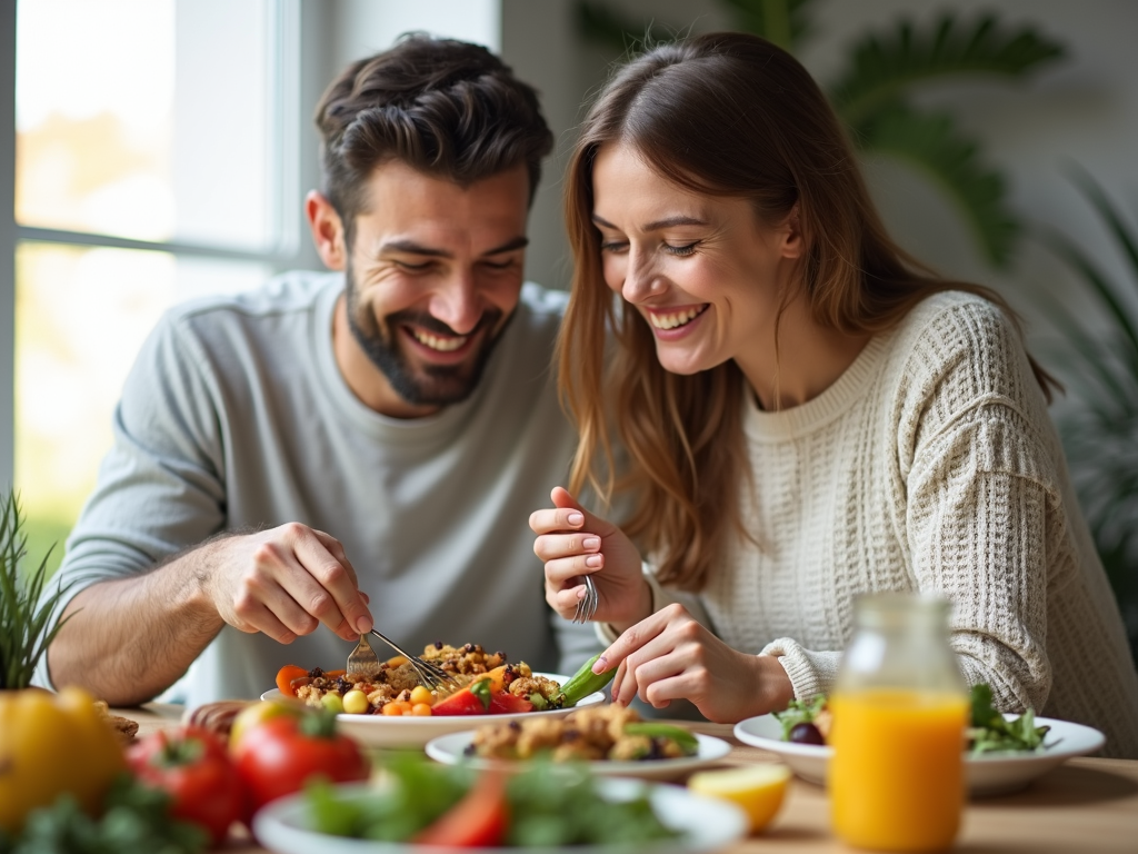 Couple sharing a healthy meal to support fertility.