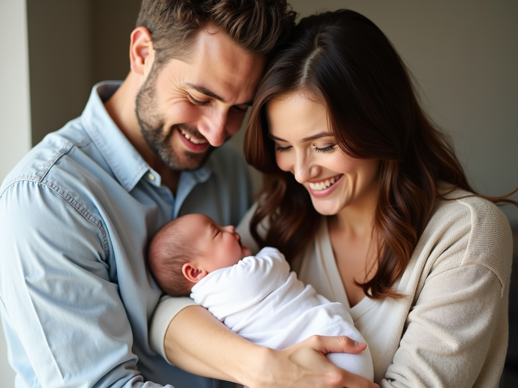 A joyful couple with their newborn baby.
