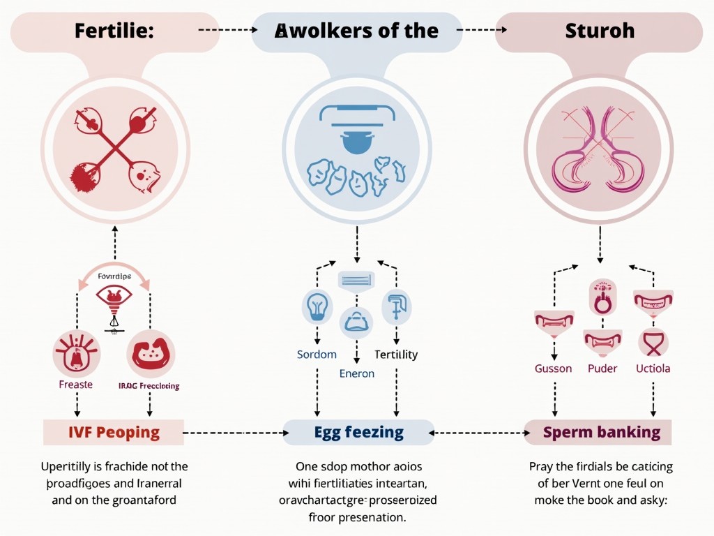 Illustration depicting various fertility preservation methods, including IVF.