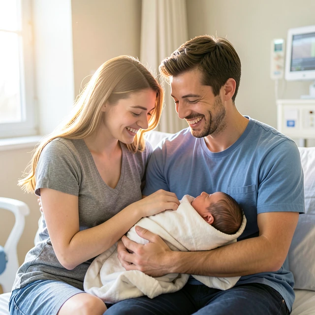 Happy couple holding their newborn after successful fertility treatment