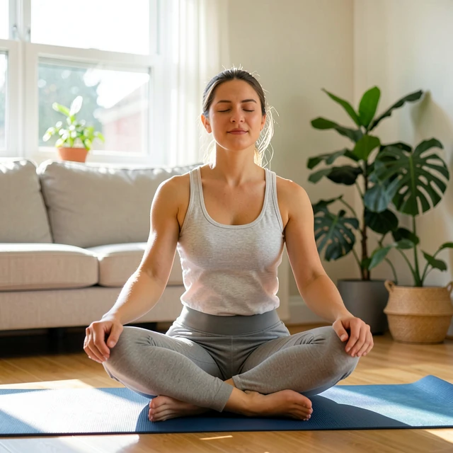 Woman practicing yoga at home for self-care