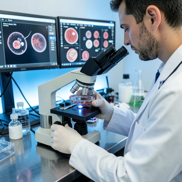 Embryologist examining embryos in a state-of-the-art lab
