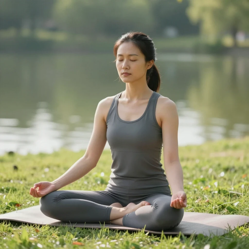 A woman meditating peacefully by a lake to manage stress