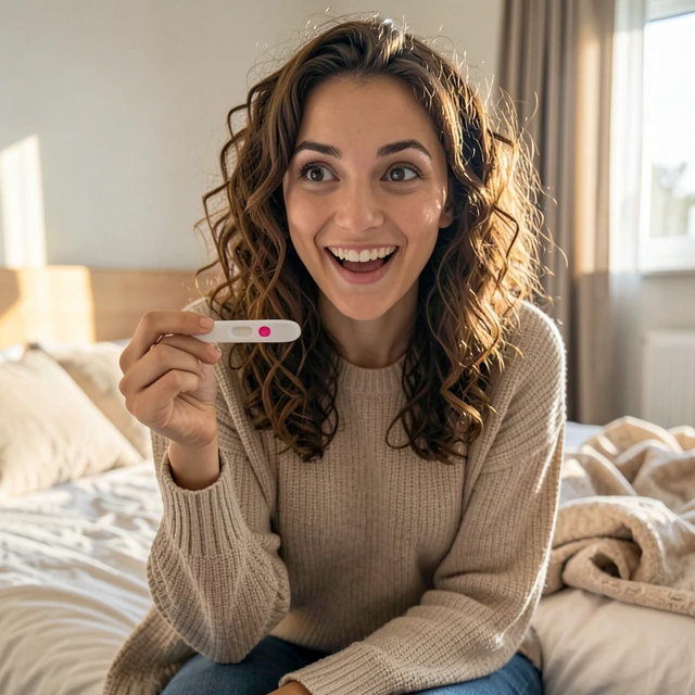 Woman celebrating a positive pregnancy test after fertility journey