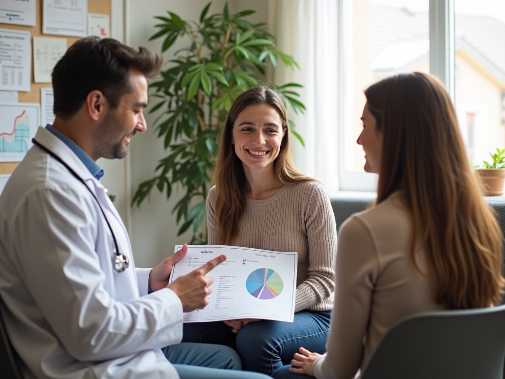 A medical professional discussing treatment options with a couple in a clinic office.
