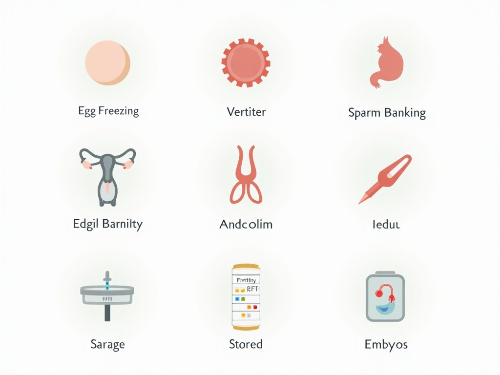 Illustration of various fertility preservation methods on a plain white background.