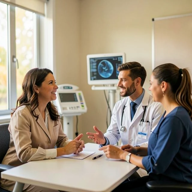Fertility doctor consulting with a couple in a modern clinic setting