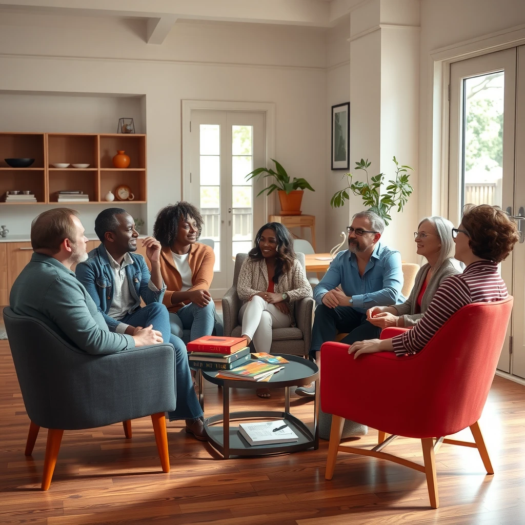 A diverse support group sitting in a circle, sharing experiences with empathy