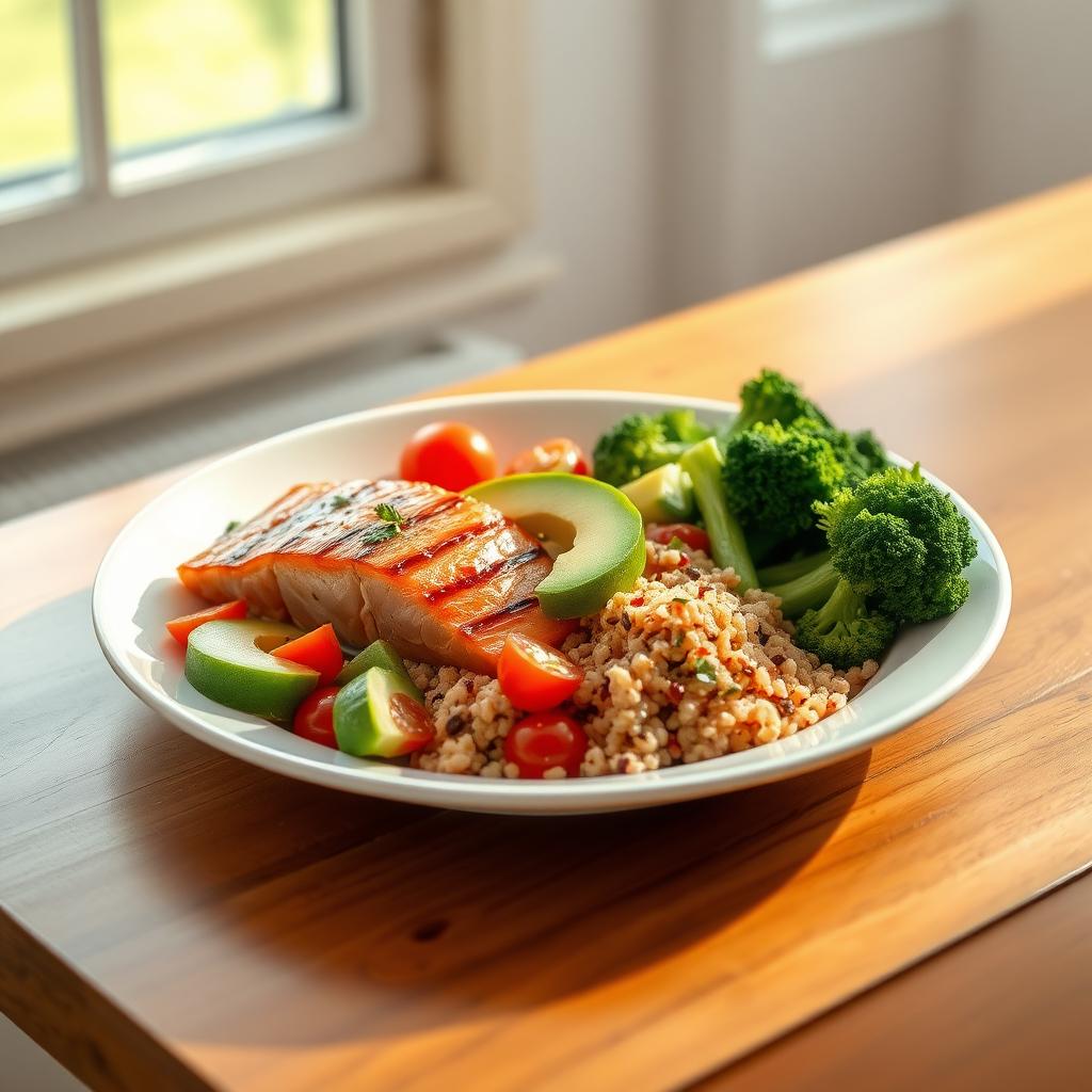 A healthy meal with grilled salmon, quinoa salad, avocado, and broccoli on a wooden table.