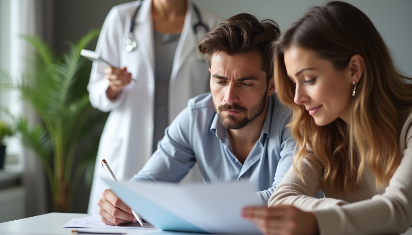 A couple discussing fertility preservation options at a clinic, looking at brochures and taking notes.