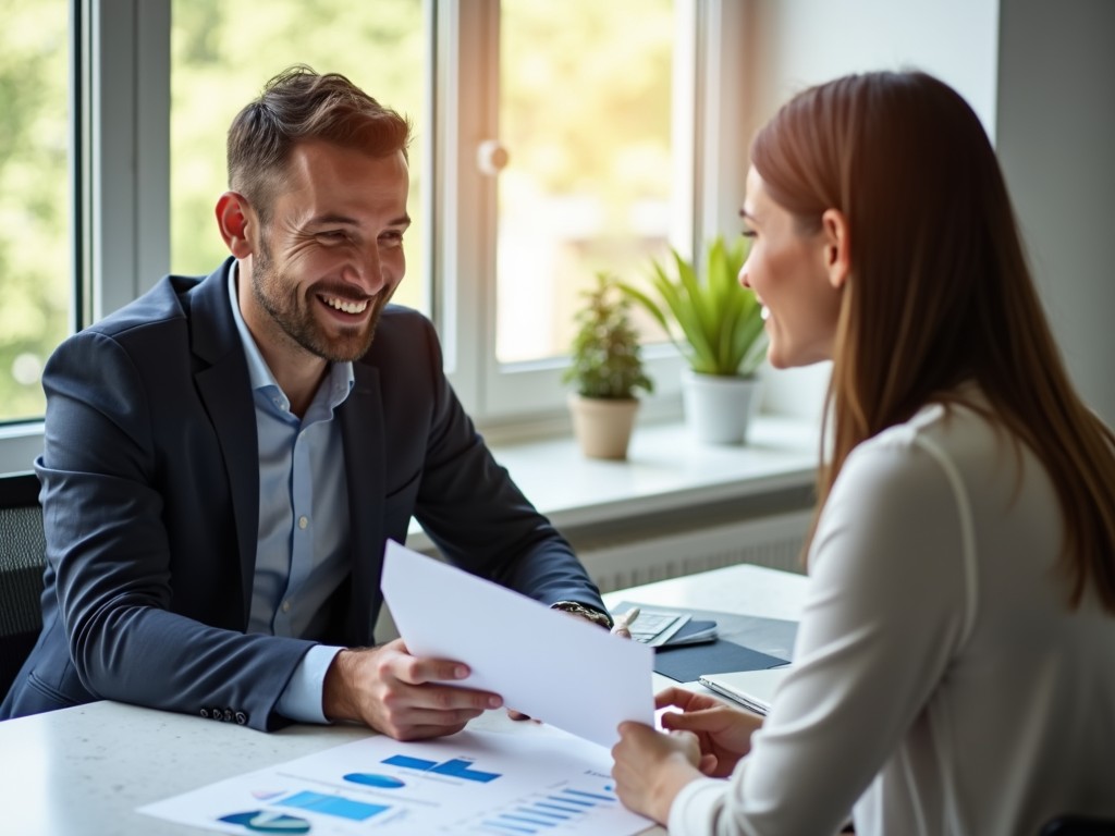 A friendly financial counselor explaining a financing plan
