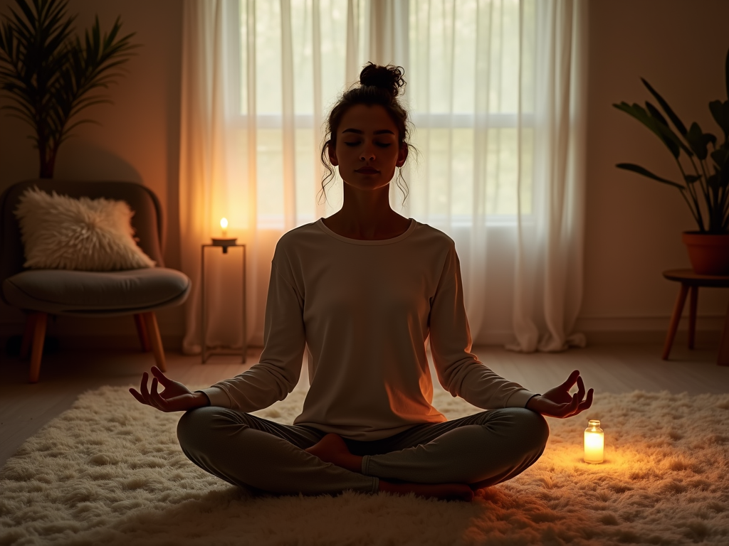 Person meditating in a cozy room