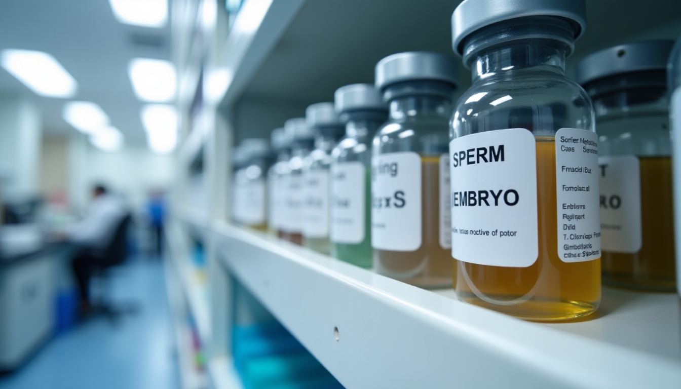 Vials and containers for freezing sperm, eggs, and embryos lined up neatly in a lab.