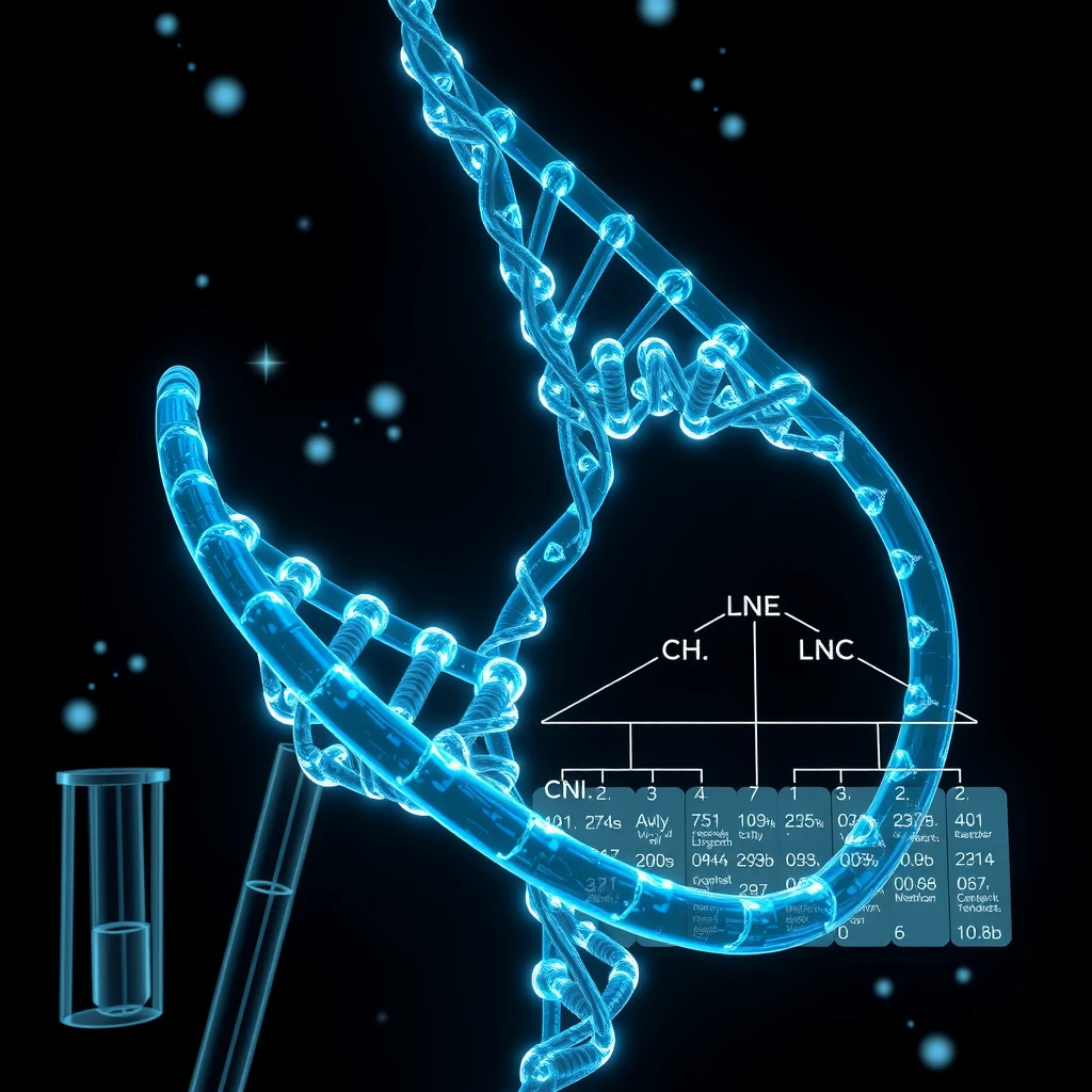 Illustration of DNA helix with genetic testing and family tree symbols