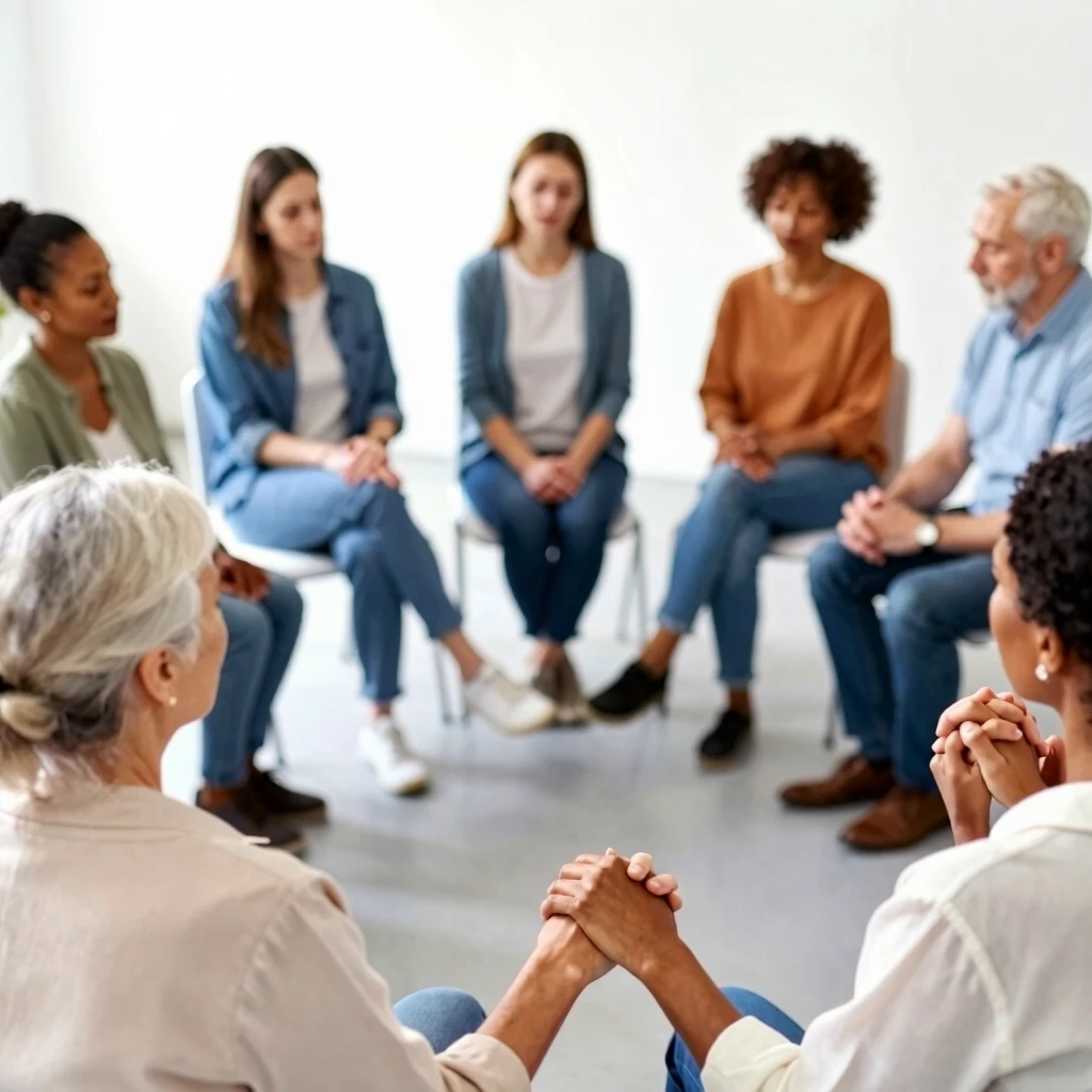 Support group circle holding hands in empathy for infertility