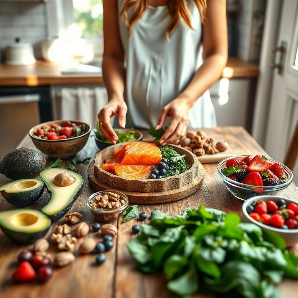 A woman’s hands arrange fertility-boosting foods like avocados, salmon, and berries on a wooden kitchen table, bathed in soft natural light.
