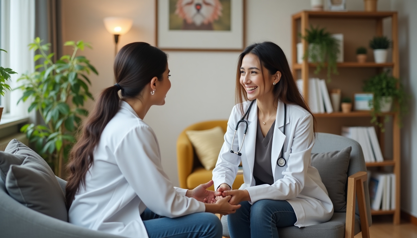 A doctor consulting with a patient in a warm, inviting medical office.