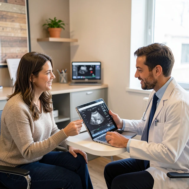 Couple discussing IVF plan with fertility specialist in clinic