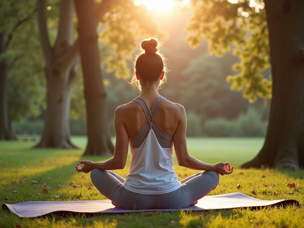 A woman doing yoga in a peaceful setting, focusing on her breath and relaxation techniques. This practice can reduce stress and promote overall well-being during fertility treatments.