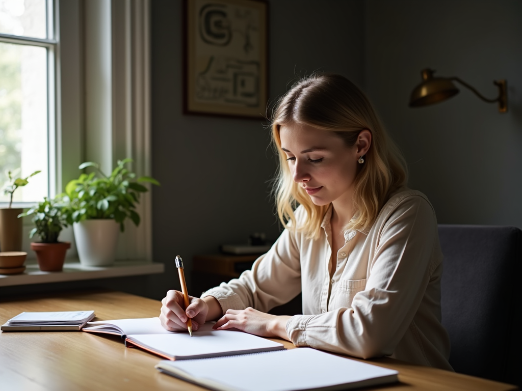 Pregnant woman writing to cope with emotional stress.
