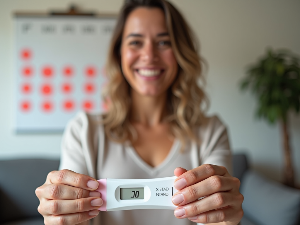 Woman celebrating a positive pregnancy test after PCOS treatment.
