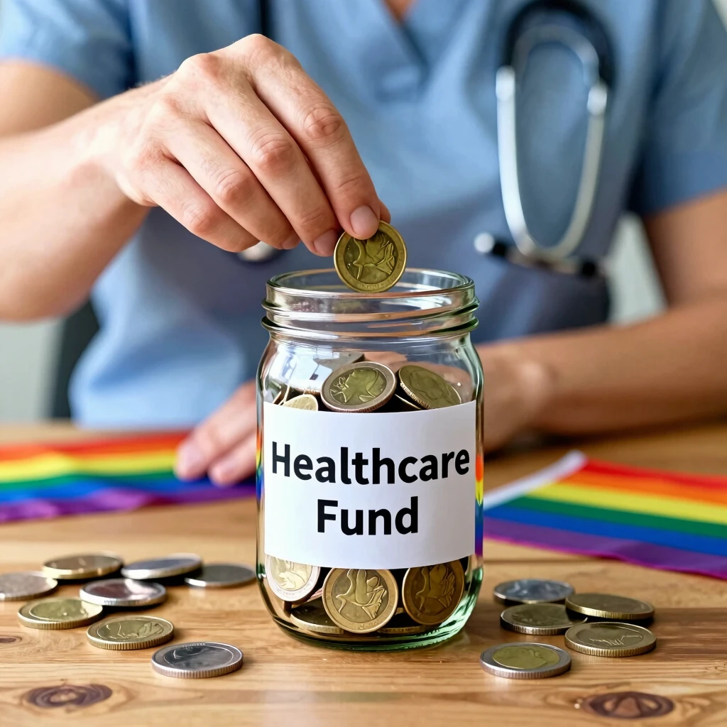 Person saving money in a jar for healthcare with rainbow elements