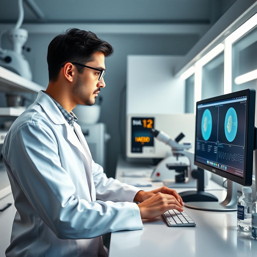 A scientist in a high-tech fertility lab analyzing embryo images on a computer.