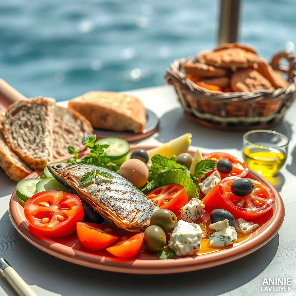 Mediterranean diet plate with fish, vegetables, and olive oil promoting fertility