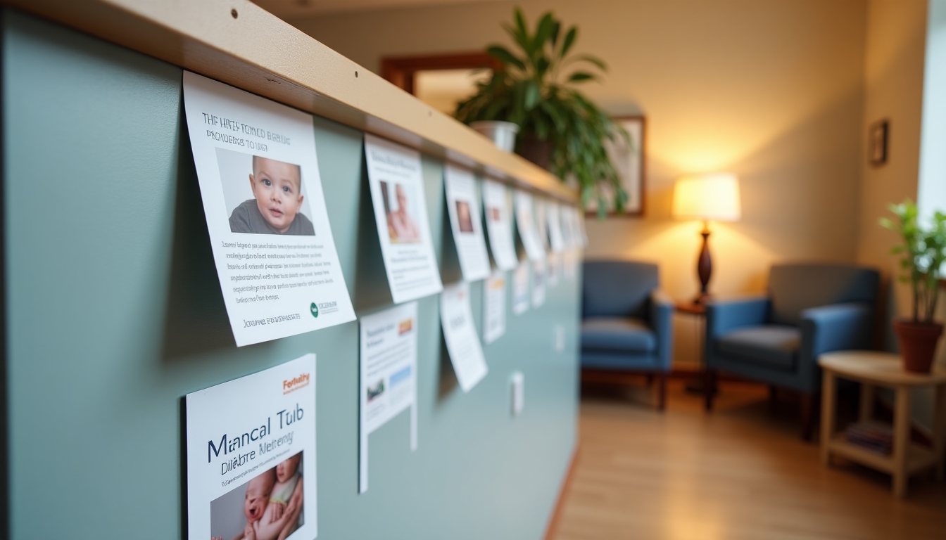 A family clinic receptionist desk with brochures about fertility treatments, highlighting clinic options.