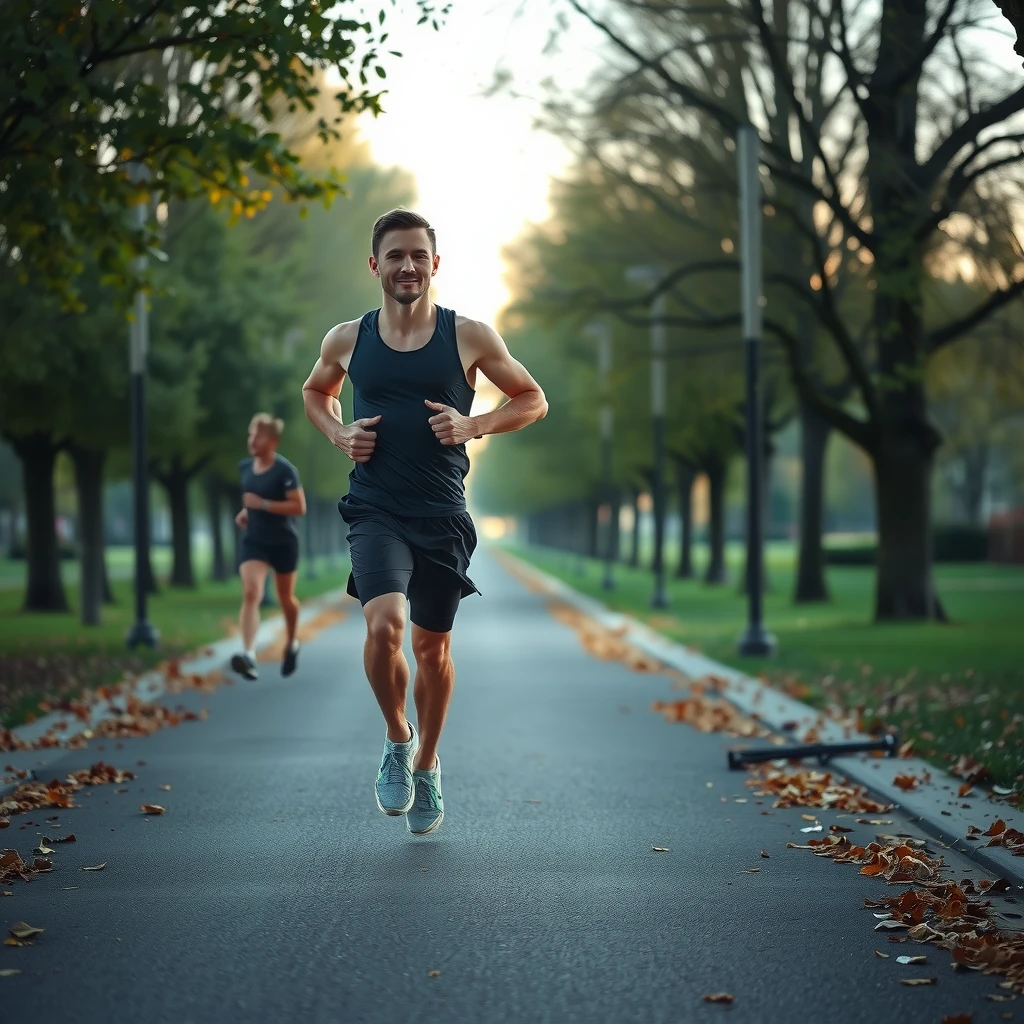 Man jogging in a peaceful park at sunrise