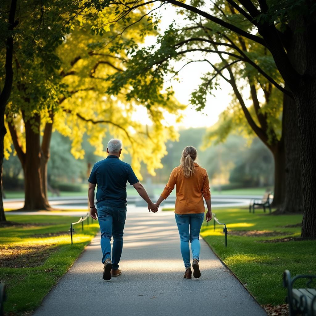 A couple walking hand-in-hand in a peaceful park, surrounded by trees and sunlight.