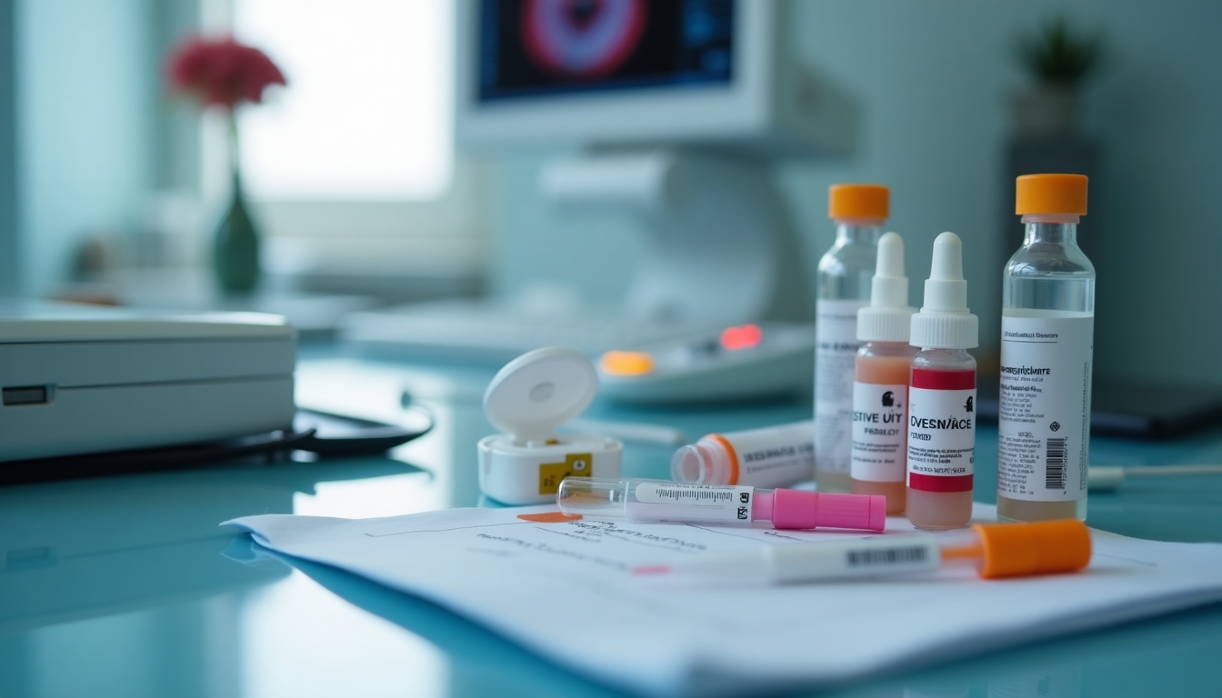 Equipment used for fertility testing, including ultrasound and vials for blood tests.
