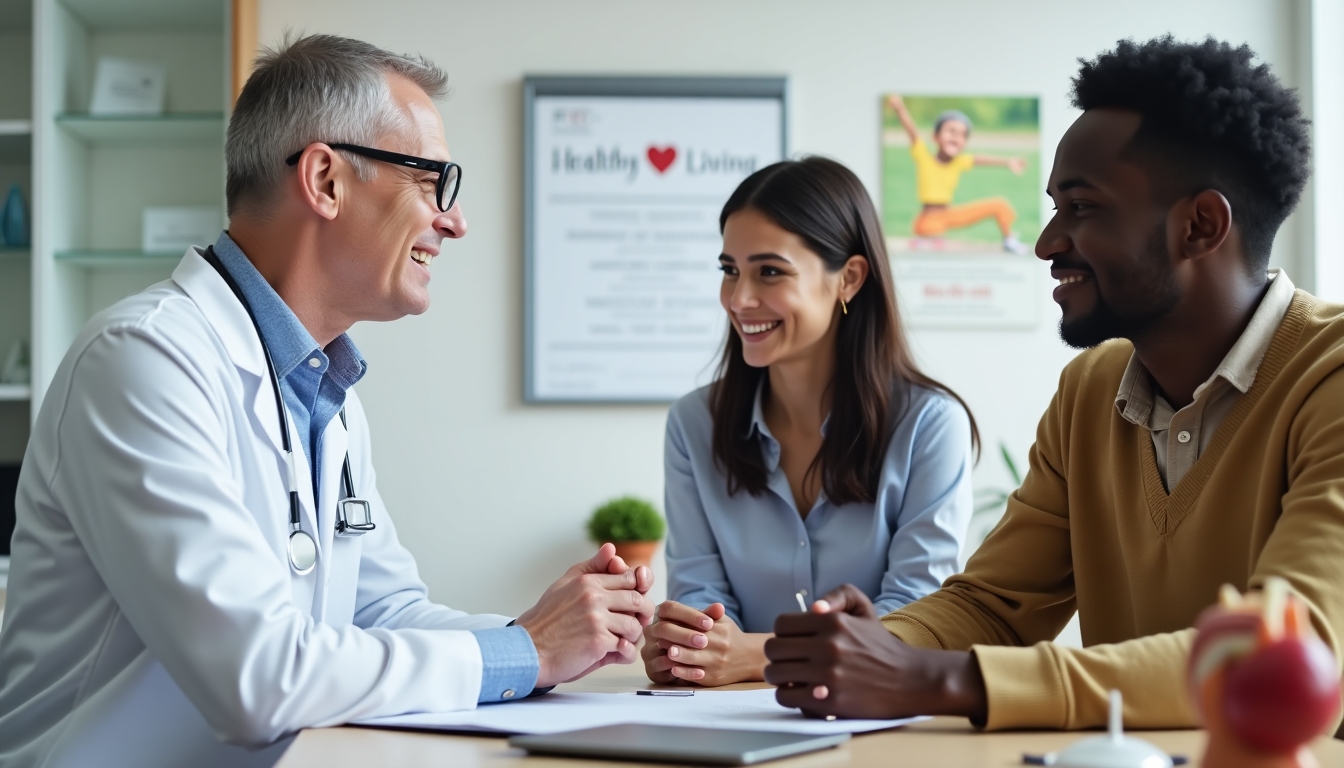 A doctor and a couple discussing treatment options in a comfortable clinic environment, symbolizing support and guidance.