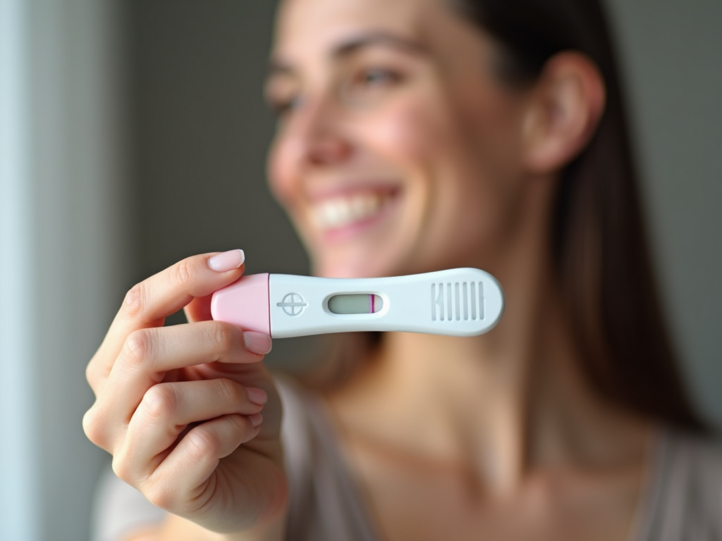 A woman holding a positive pregnancy test.