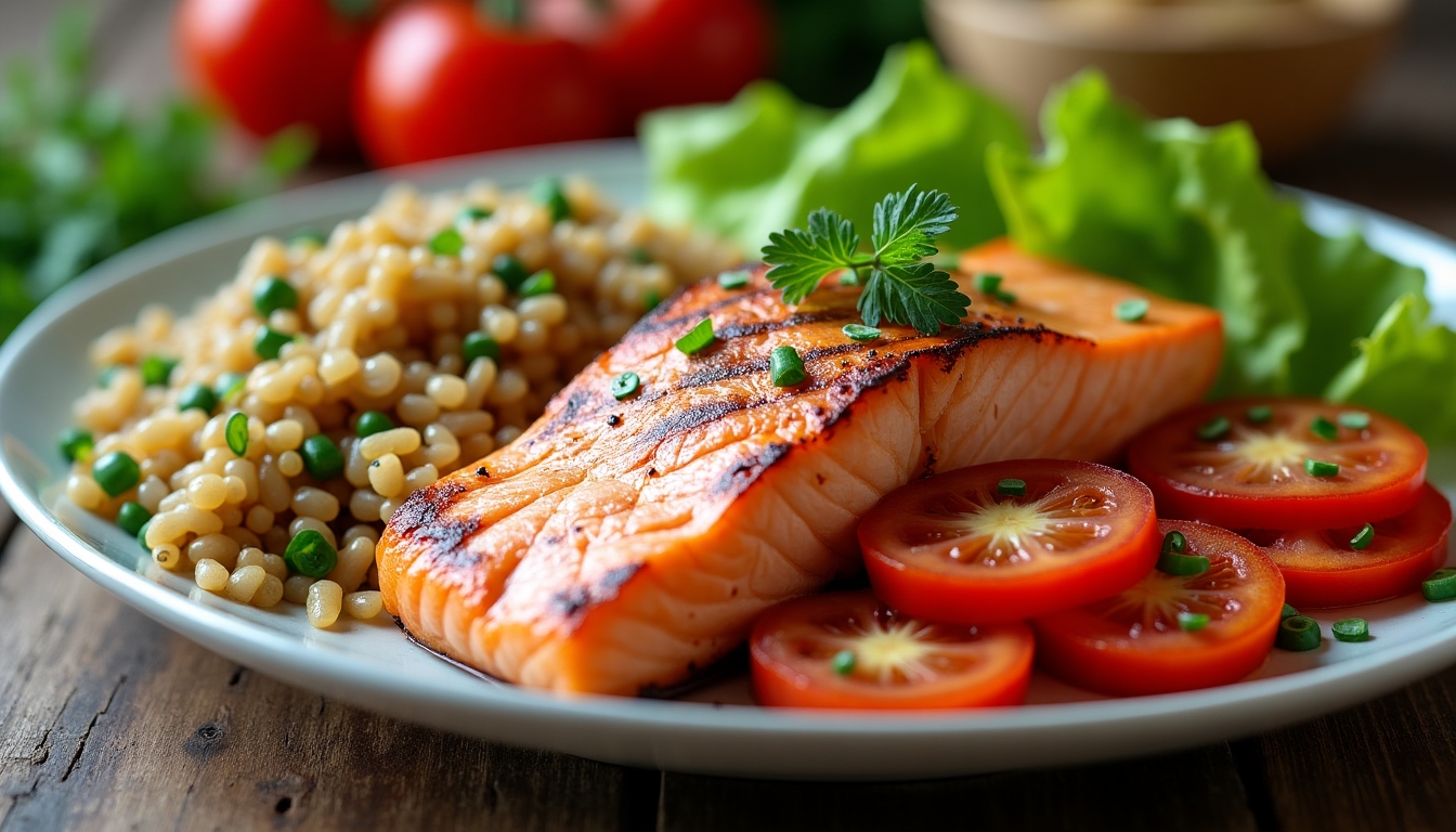 Healthy meal on wooden table.