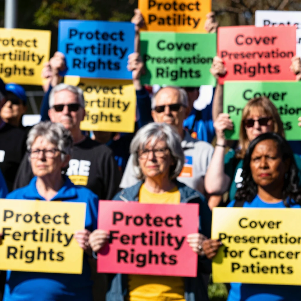 Diverse group advocating for fertility preservation rights at a rally with signs