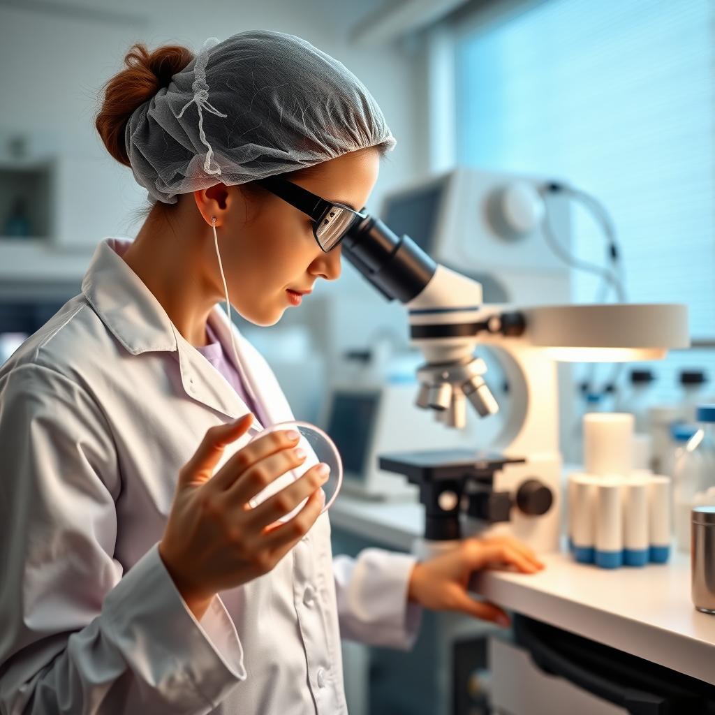 Laboratory technician working with a petri dish in a sterile fertility clinic lab.