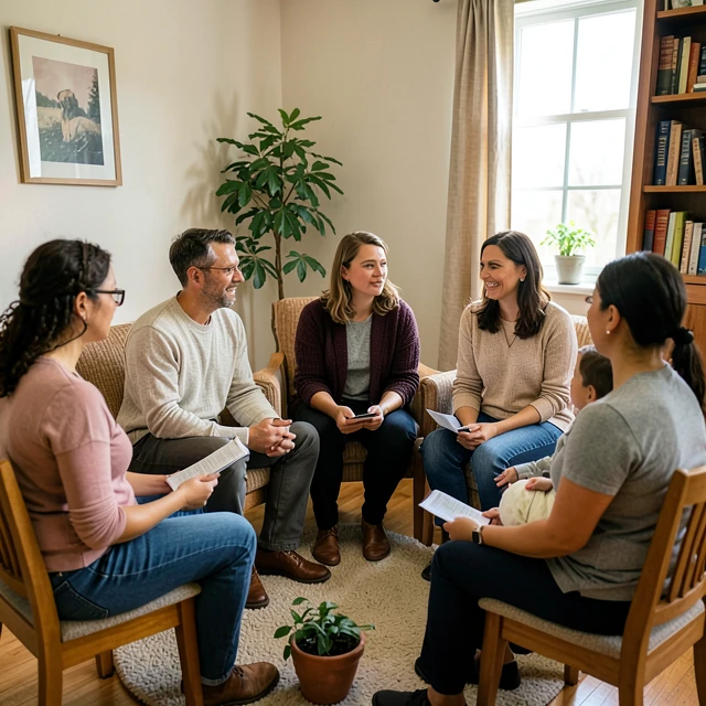 Infertility support group members connecting and sharing experiences