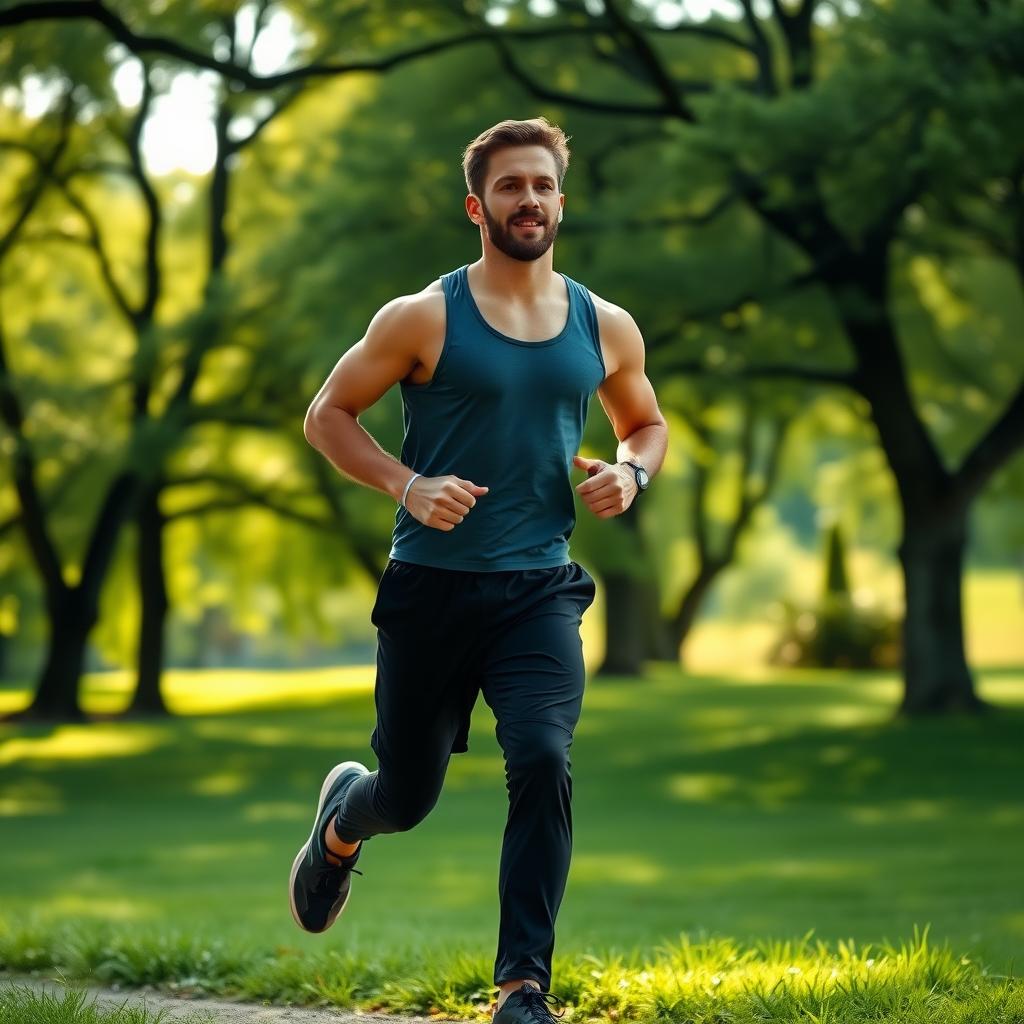 A man jogging in a park, promoting fertility through moderate exercise.