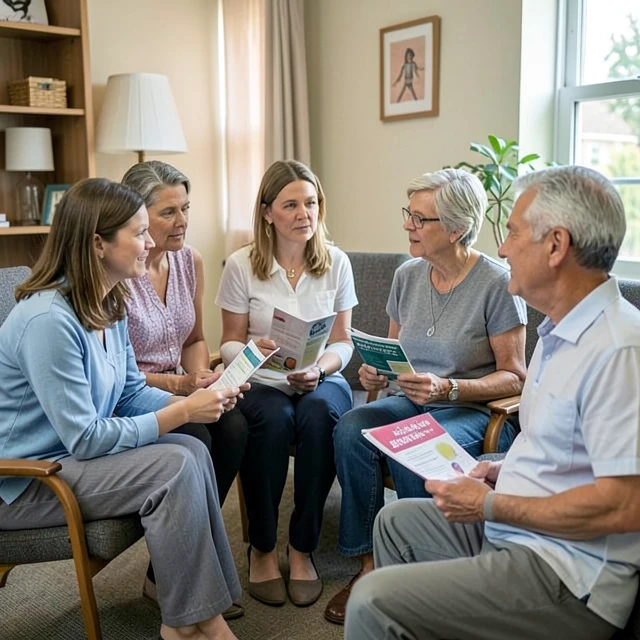 Diverse cancer patients discussing fertility preservation in a supportive group setting