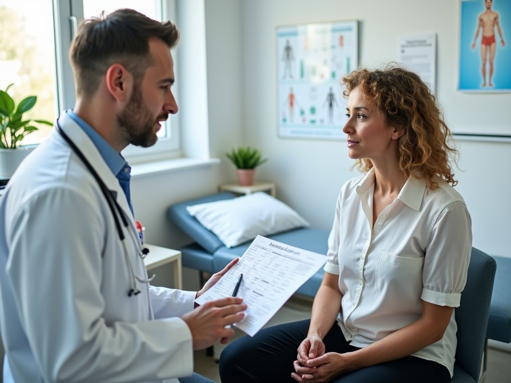 Doctor in a white coat discussing medical options with a patient in an exam room.
