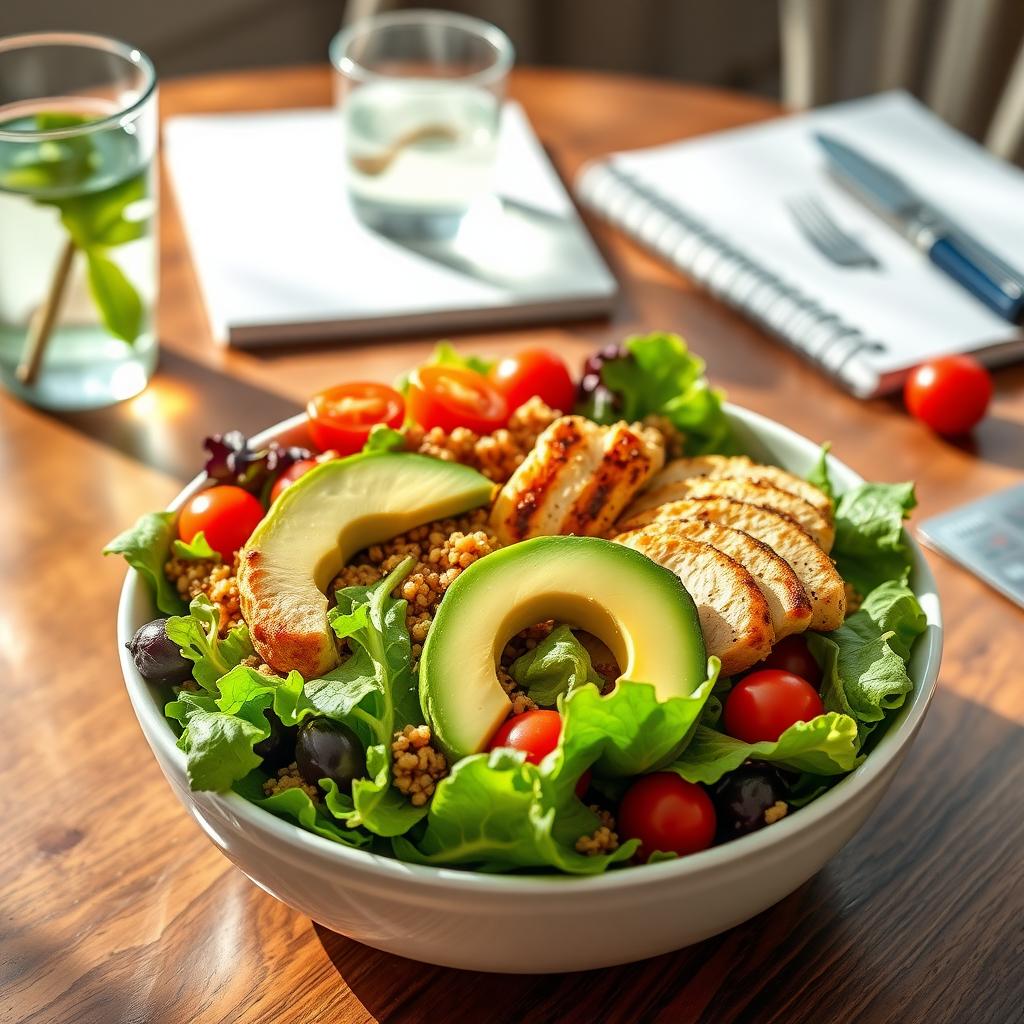 A healthy salad bowl with fresh vegetables, grilled chicken, and quinoa on a wooden table.