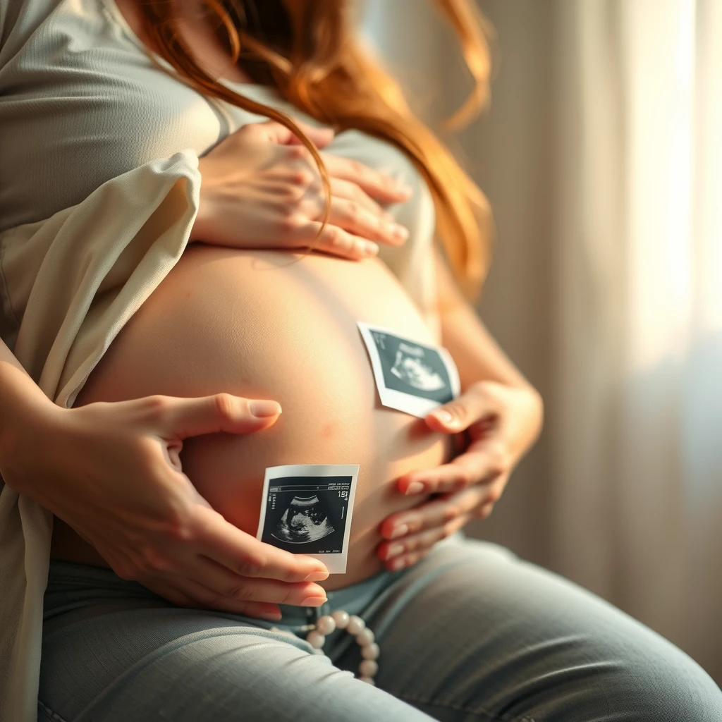 Pregnant woman holding her belly with ultrasound and fertility pills in background